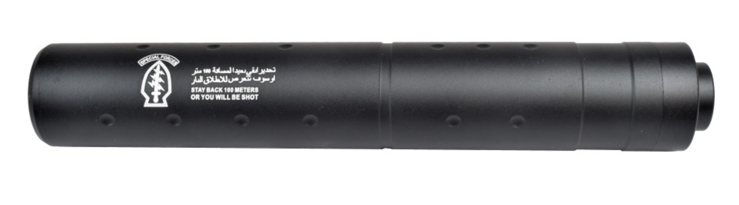 Silenziatore Airsoft Barrel Extension "Special Forces Stay Back 100m..." 195mm CCW 14 x 1 by Cyma