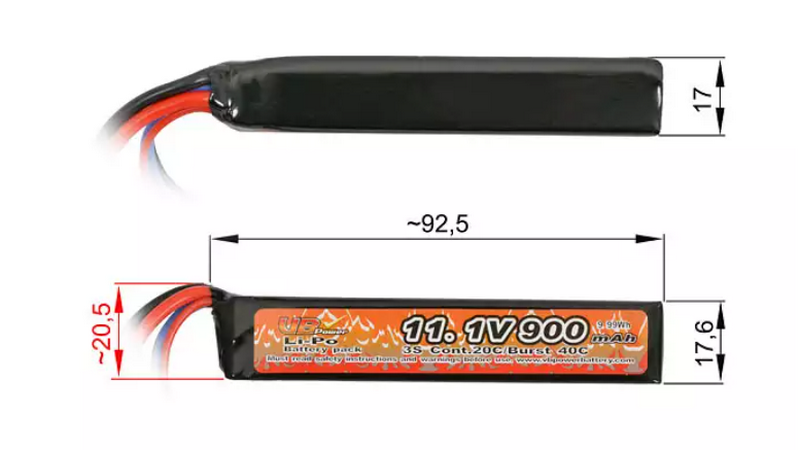 VB Li-Po Battery 11.1v 900mAh 20/40c T-Deans Connector 92,5 x 17 x 20,5mm by VB