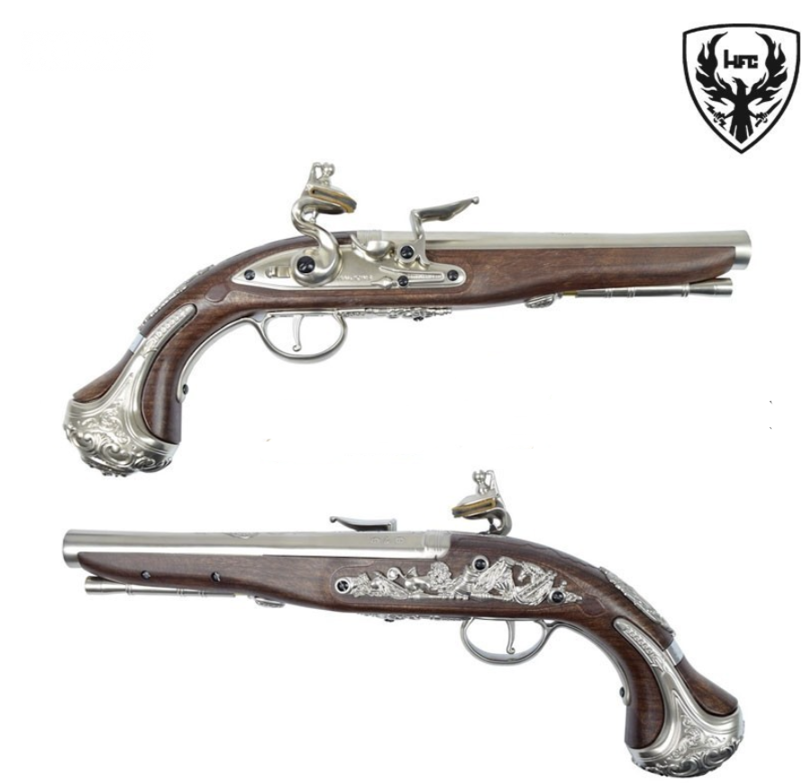 George Washington Flintock Gas Reenacting - Collectors Pistol Smooth Outer Barrel Chrome - Silver Version by HFC