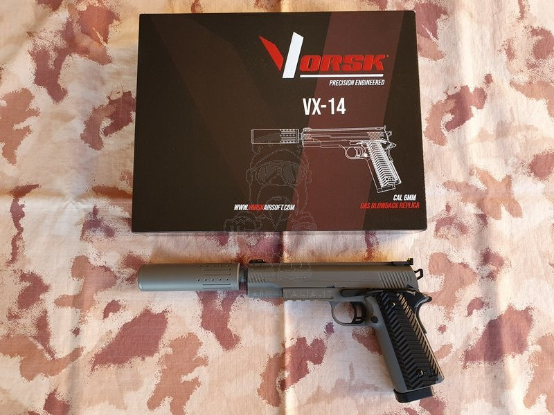 Vorsk VX-14 Hi-Capa 5.1 w. Suppressor Extension Barrel GBB Grey Version by Vorsk