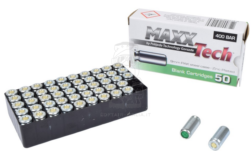 MAXXTech 9mm. Blank Fire Zinc Plated 400 BAR Cartucce a Salve da 9mm. Placcate Zinco by MAXXTech