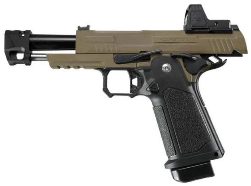 Arcturus Hi-Capa Vanguard 4.3" Optics Ready Slide w. Compensator & ARS-1 Red Dot Combo Dual Color Tan - Black GBB Airsoft Pistol by Arcturus