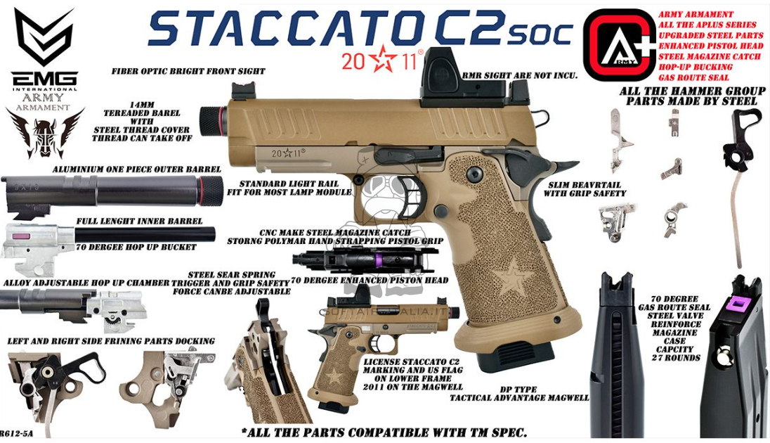 STACCATO Emg Army Armament C2 2011 SOC 6mm Pro Shop GBB FDE Airsoft Pistol Stippling Grip by Army Armament