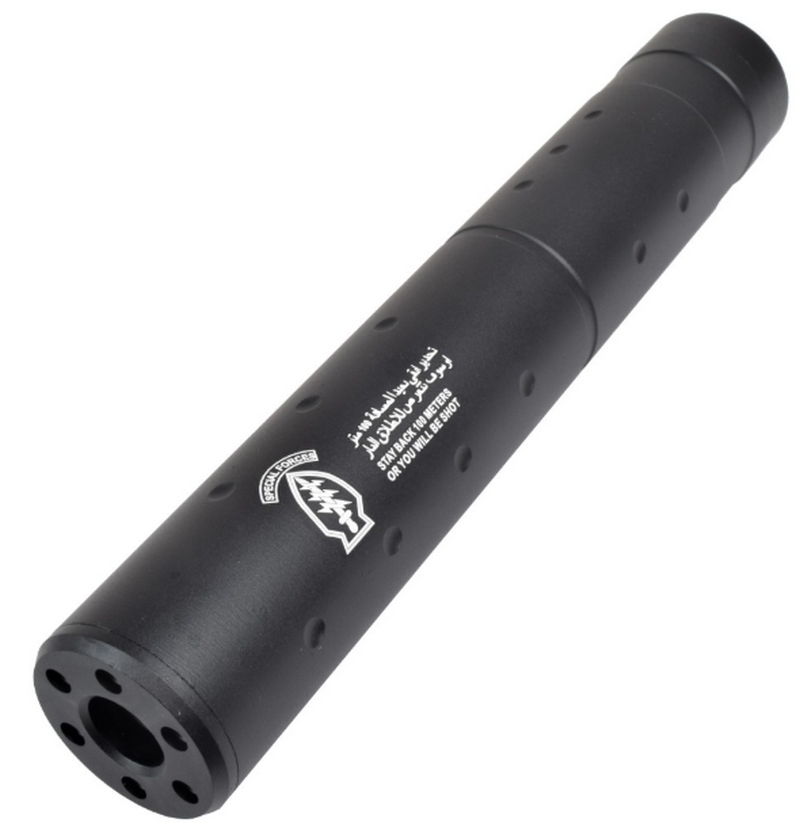 Silenziatore Airsoft Barrel Extension "Special Forces Stay Back 100m..." 195mm CCW 14 x 1 by Cyma